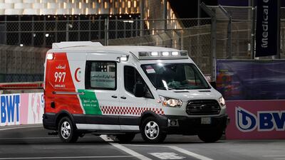 Haas' Mick Schumacher is taken away in an ambulance after crashing during qualifying for the Saudi Arabia Grand Prix. Reuters