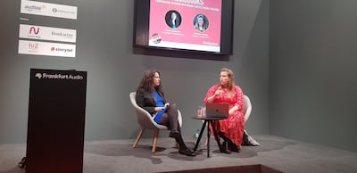 Moderator Laura Summers, left, discusses the growth of audiobooks with Kathryn Taussig, the director of digital publishing house Bookouture. Courtesy Saeed Saeed