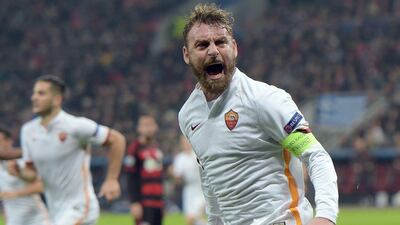 AS Roma’s Daniele De Rossi celebrates scoring against Bayer Leverkusen on Tuesday night in the Champions League. Federico Gambarini / AFP / DPA