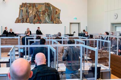 Joint plaintiffs gather in the courtroom in Koblenz, Germany for the start of the world's trial of alleged former Syrian intelligence officers over state-sponsored torture by Bashar Al Assad's regime. AFP