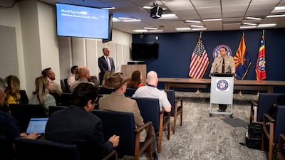 Maricopa County Sheriff Paul Penzone speaks as election officials hold a press conference to warn against 'false election narratives' at the Maricopa County Board of Supervisors building ahead of midterm elections, in Phoenix on November 7. EPA