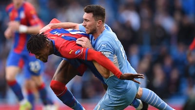 Manchester City's French defender Aymeric Laporte is sent off for this foul on Crystal Palace's Ivorian striker Wilfried Zaha. AFP