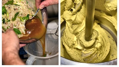 Pho soup is sieved, then mixed with sugar and water, and poured into a vertical ice cream machine to freeze. Photo: Ronan O’Connell