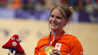 Netherlands' Caroline Groot after winning golf in the women's C4-5 500m time trial at the Paris Paralympics. AP