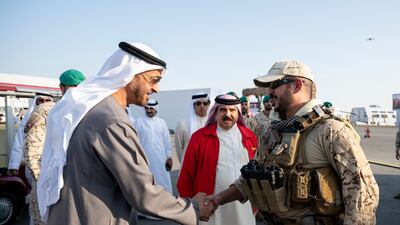 Sheikh Mohamed greets Sheikh Khalid bin Hamad, First Deputy President of the Supreme Council for Youth and Sports of Bahrain.