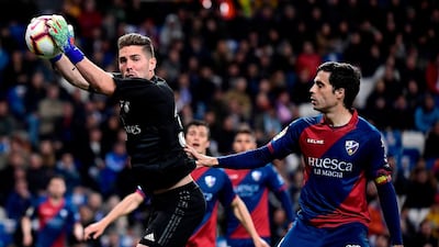 Luca Zidane stops a shot during the Huesca match. AFP