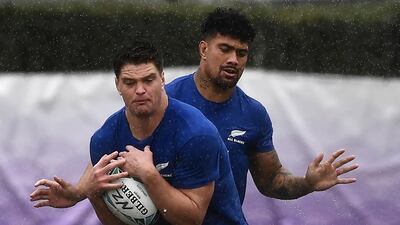 New Zealand lock Scott Barrett, left, and flanker Ardie Savea go through the paces. AFP