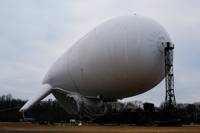 Workers begin the inflation of a Defence Elevated Netted Sensor System (JLENS) aerostat blimp at Aberdeen Proving Ground, Maryland in 2014. Photo: US Army