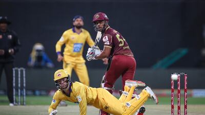 Northern Warriors opener Lendl Simmons gets one past the Team Abu Dhabi wicketkeeper Ben Duckett in the Abu Dhabi T10 second eliminator at the Zayed Cricket stadium on Friday, February 5, 2021.Courtesy Abu Dhabi T10