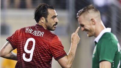 Portugal's Hugo Almeida, left, celebrates a goal during the international friendly against Ireland on Tuesday in preparation of the 2014 World Cup in Brazil. Jose Sena Goulao / EPA / June 10, 2014