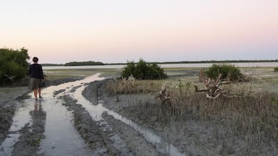 Resident Zahidah Zeytoun Millie stands in tyre tracks left by pick-ups in the Khor Al Beidah wetlands. Courtesy Geraldine Chansard