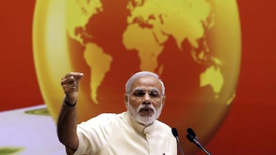 India's prime minister Narendra Modi speaks during an energy summit in New Delhi. Adnan Abidi / Reuters