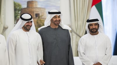 President Sheikh Mohamed, centre, with Sheikh Zayed bin Tahnoon bin Mohammed, left. Mohamed Al Balsoohi / Abu Dhabi Media Office