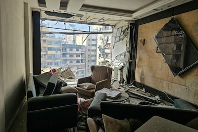 An apartment hit by an Israeli air strike in Haret Hreik, Beirut, on Saturday. AFP