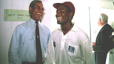With Brian Lara in the West Indies dressing room at St. Johns after Lara beats his Test innings record of 365. Getty Images