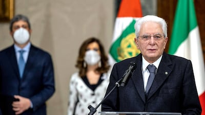 Italian President Sergio Mattarella delivering a speech after his re-election as the country's president. AFP.