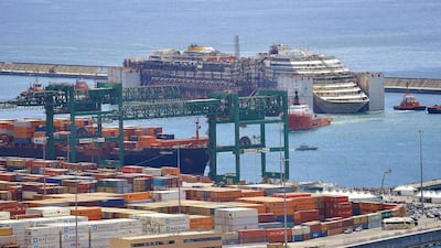 Italian cruise liner Costa Concordia arrived at Genoa's Voltri Port, Italy on 27 July 2014. The dismantling operations of the cruise liner are expected to last two years. Luca Zennaro/EPA