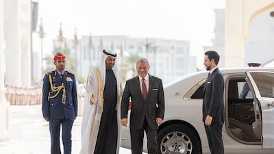 President Sheikh Mohamed receives King Abdullah II of Jordan at Qasr Al Watan. The king was accompanied by Crown Prince Hussein bin Abdullah. Ryan Carter / UAE Presidential Court