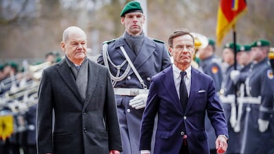 Swedish Prime Minister Ulf Kristersson, right, held talks with German Chancellor Olaf Scholz in Berlin. AP