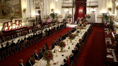 Queen Elizabeth II gives a speech during a state banquet at the Buckingham Palace, as part of King Willem Alexander's state visit to the UK. Yui Mok / Reuters