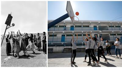 A combination picture shows young women playing basketball at the Women's Activity Centre in Qalandia in the Israeli-occupied West Bank, in this undated handout photo and Palestinian school girls playing basketball at UNRWA's Qalandia school in the Israeli-occupied West Bank, September 17, 2019. REUTERS