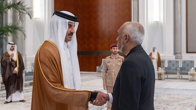 Sheikh Tamim receives condolences from Maldives President Mohamed Muizzu in Doha. AFP