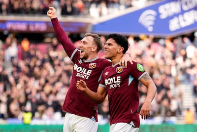 West Ham United's Mateus Fernandes, right, celebrates with Jarrod Bowen after scoring. PA