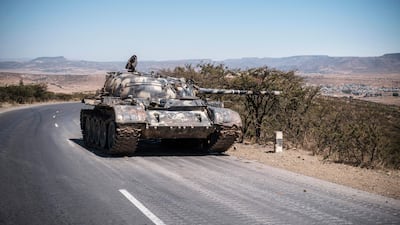 A damaged tank on a road north of Mekele, the capital of the northern Tigray region, in February. Fighting between government forces and rebels from the region has intensified. Photo: AFP