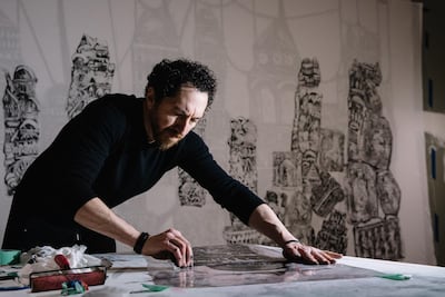 Kevork Mourad’s creative process includes smudging ink on to a transparent sheet of acetate, then drawing calligraphic strokes in the liquid and pressing the sheet on to fabric. Tabari Artspace