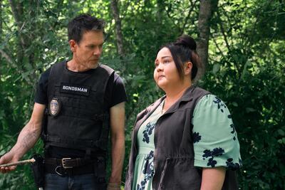 Kevin Bacon as Hub Halloran, left, and Jolene Purdy as Midge in The Bondsman. Photo: Prime Video
