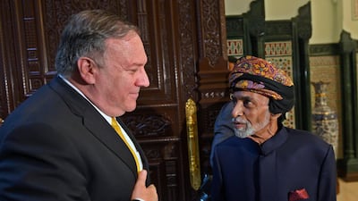 The US Secretary of State Mike Pompeo with Oman's Sultan Qaboos during a recent visit to Muscat. Sultan Qaboos, who ruled Oman for almost half a century, has died at the age of 79. AP