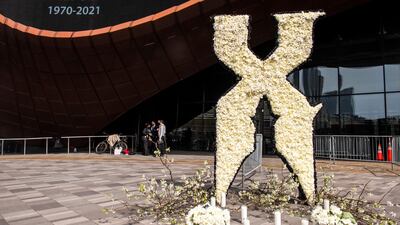 People gather for a Celebration of Life Memorial for rapper DMX at Barclays Centre, Saturday, in the Brooklyn, New York. AP
