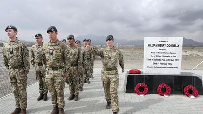 Representatives from the UK services during the memorial service of William Henry Donnelly, who died on February 14, 1943 after his Wellington Bomber crashed in Fujairah Pawan Singh / The National