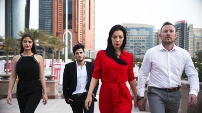 Abu Dhabi, UAE, March 19, 2015:Fast and Furious 7 had many scenes filmed in Abu Dhabi. One location? The Emirates Palace. Much of the casting was done by a local company: MD Studios. Seen here from left to right are: Lia Saad an extra and a student at AUD, Ali Diaaeldin, an extra and a model and actor, Miranda Davidso, head of MD Studios and Darren Platts, an extra. Lee Hoagland/The National