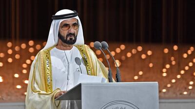 Sheikh Mohammed bin Rashid, Vice President of the UAE and Ruler of Dubai delivers a speech during the Founder's Memorial event. AFP