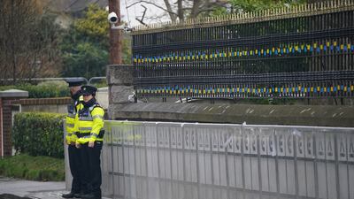 Police outside the Russian embassy in Dublin after the invasion of Ukraine last year. PA