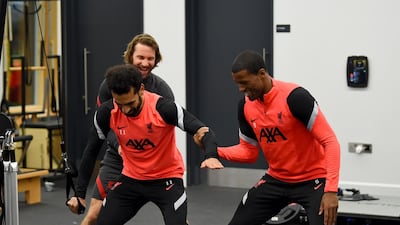 Liverpool star Mohamed Salah during a training session after testing negative for Covid-19 ahead of the Champions League Group D stage match against Atalanta. Getty