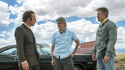 Bob Odenkirk, left, as Saul Goodman, and Better Call Saul showrunners Peter Gould, centre, and Vince Gilligan. Lewis Jacobs / AMC / AP Photo