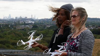 Heathrow Pause activists with the drones they plan to fly. Reuters