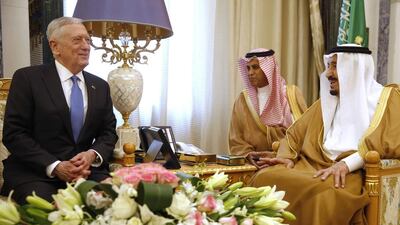 Saudi Arabia's King Salman, right, meets with US defence secretary James Mattis in Riyadh on April 19, 2017. Jonathan Ernst / Pool photo via AP