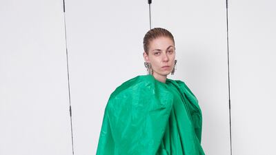 A dress cut with the sculptural, exaggerated shapes Balenciaga was originally so famous for.