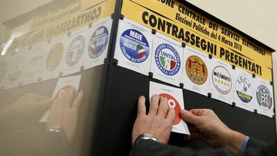 A man posts symbols of parties that will run in the country's March 4 election at the Ministry of the Interior Palace in Rome, Italy. REUTERS/Tony Gentile