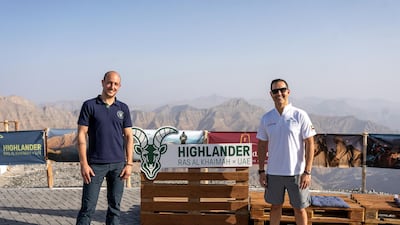Jurica Barac, CEO Highlander Global (left) and Raki Phillips, CEO of Ras Al Khaimah Tourism Development Authority (right) at the media preview of Highlander UAE. Courtesy RAKTDA