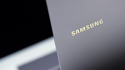 The Samsung logo is visible on the new Galaxy Book S laptop. AFP