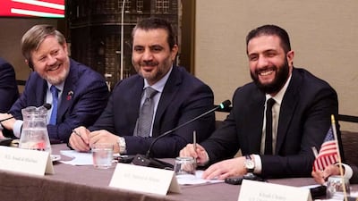 Steve Lutes, the US Chamber of Commerce's vice president of Middle East affairs, left, with Syrian President Ahmad Al Shara, right, and Foreign Minister Asaad Al Shibani at UNGA in New York. Photo: US Chamber of Commerce
