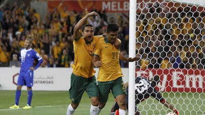 Australia's Massimo Luongo, right, celebrates his goal with Tim Cahill during their Asian Cup Group A match against Kuwait at the Rectangular Stadium in Melbourne on January 9, 2015. Brandon Malone/Reuters