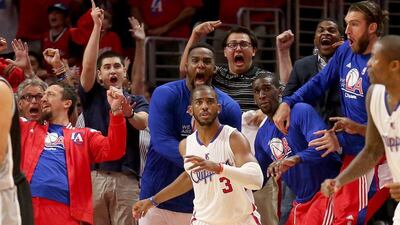 Chris Paul of the Los Angeles Clippers reacts after hitting the winning shot against the San Antonio Spurs of Game 7 of their NBA play-offs series. Stephen Dunn / Getty Images / AFP /May 2, 2015