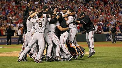 The San Francisco Giants celebrate their World Series victory over the Texas Rangers on Monday night.