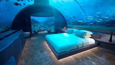 The undersea bedroom offers unobscured marine life spotting opprtunities. Courtesy: Conrad Maldives