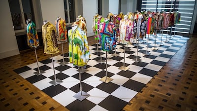Dresses at the Gianni Versace Retrospective exhibition in Berlin. Getty